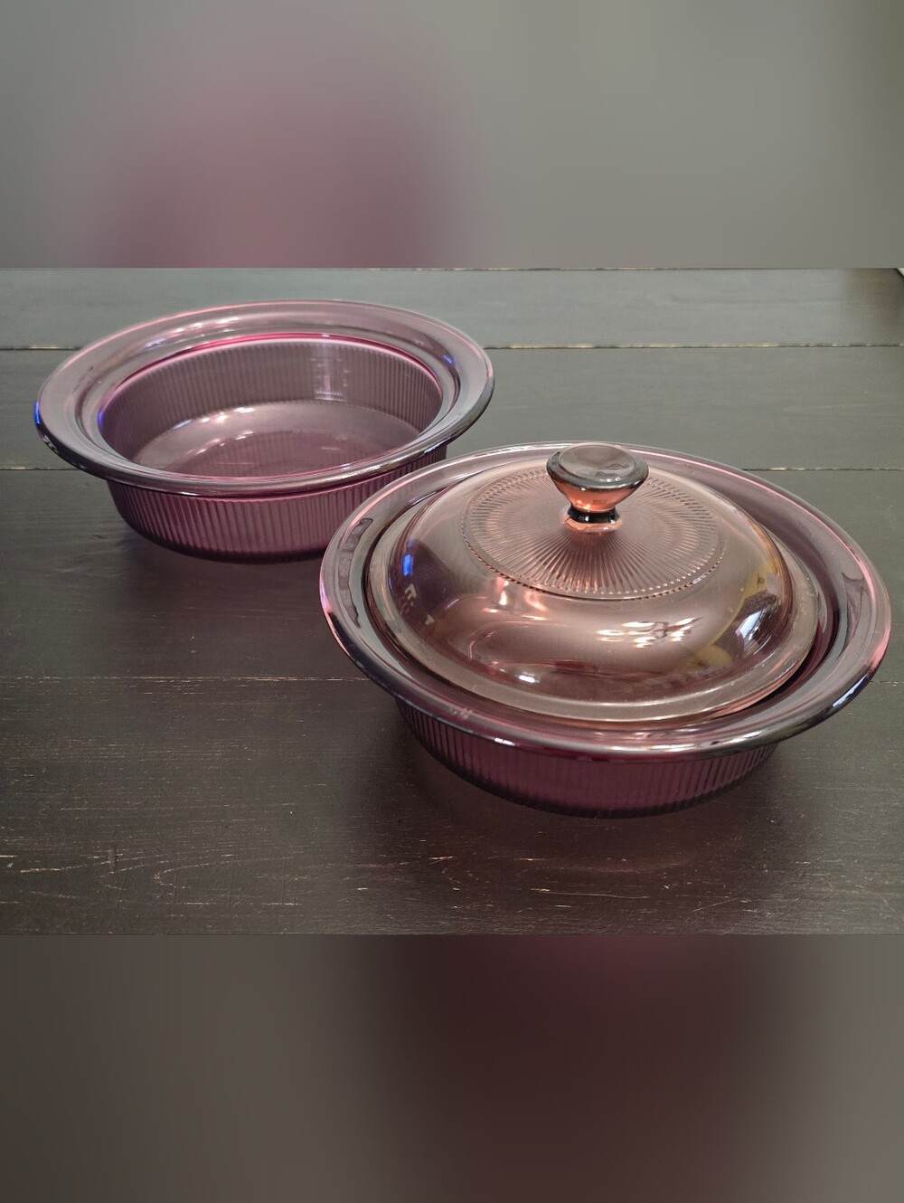 Vintage Vision Corning Ware Cranberry Ribbed Casserole Bakeware 3 Piece Set